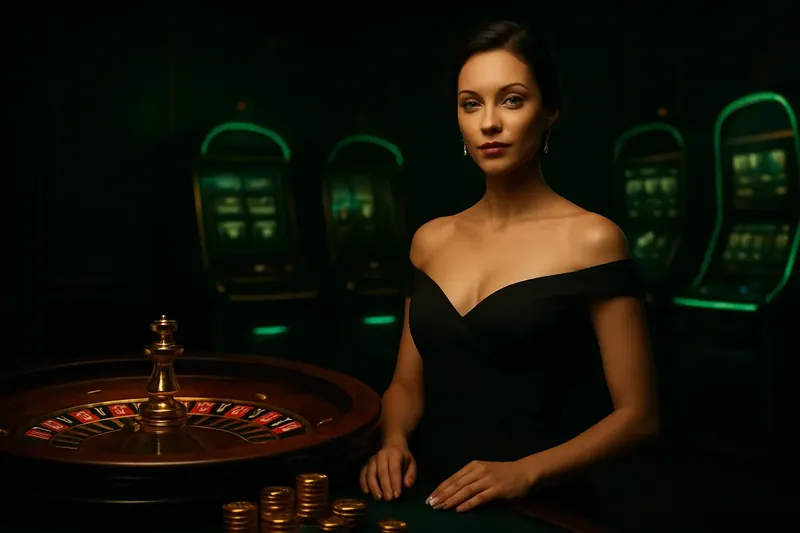 Confident woman by roulette and slot machines in luxury casino setting